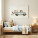 Retro-style ambulance artwork displayed above a child’s bed in a warmly lit room. The painting features a nurse in a light blue and white van with medical symbols, followed by a trail of floating hearts and first-aid items.