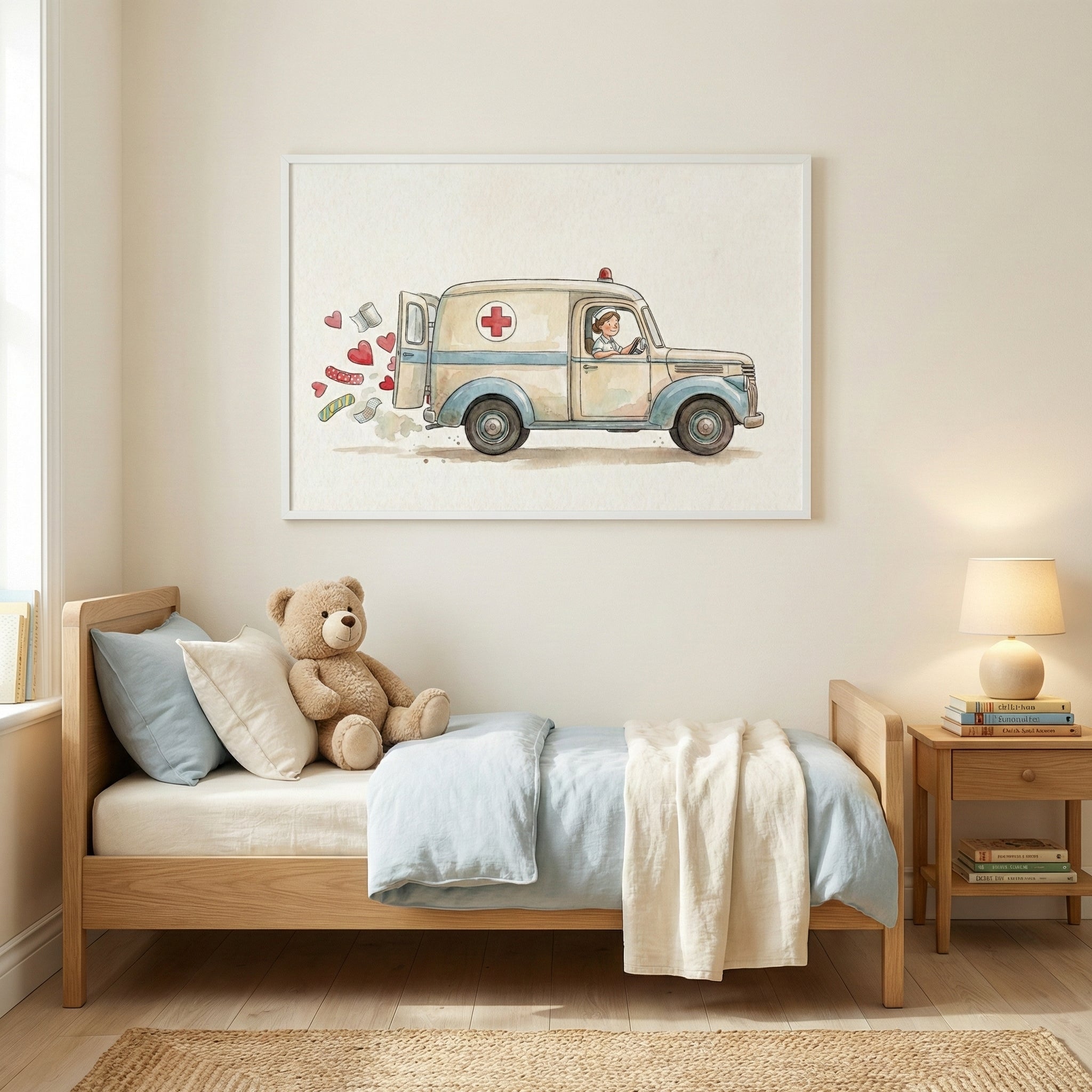 Retro-style ambulance artwork displayed above a child’s bed in a warmly lit room. The painting features a nurse in a light blue and white van with medical symbols, followed by a trail of floating hearts and first-aid items.
