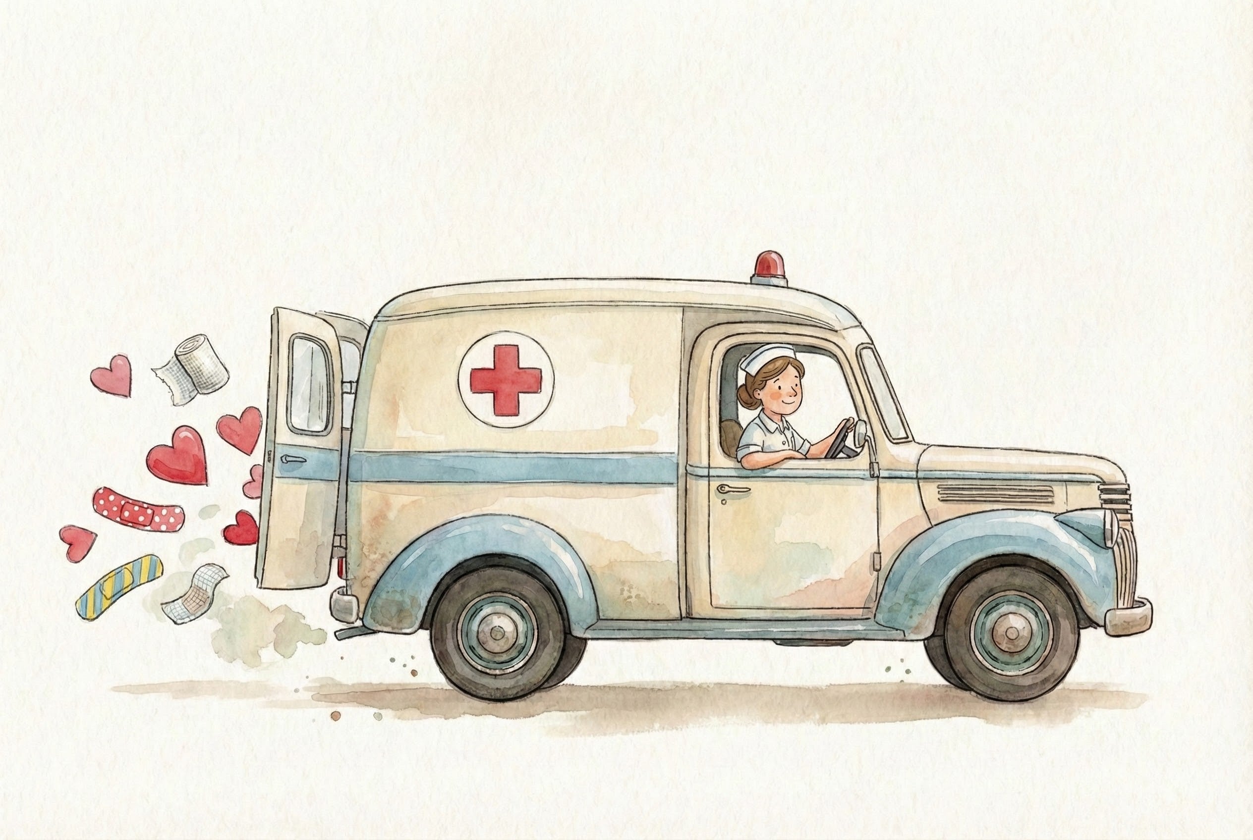 A smiling nurse drives a vintage cream and blue ambulance marked with a red cross, while hearts, bandages, and rolls of medical tape playfully fly out from the open back door. The whimsical watercolor illustration conveys warmth, care, and a touch of humor.