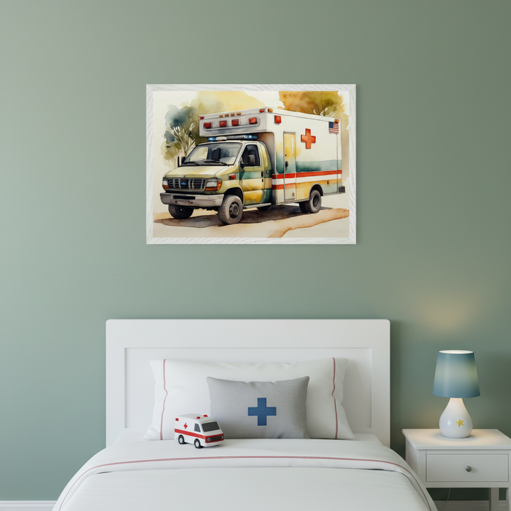 Kid's bedroom with a sage green wall. A framed watercolor painting of an ambulance with an American flag hangs above a white bed with a headboard. The bed has a gray pillow with a blue cross and a toy ambulance. A white nightstand with a blue lamp is to the right.