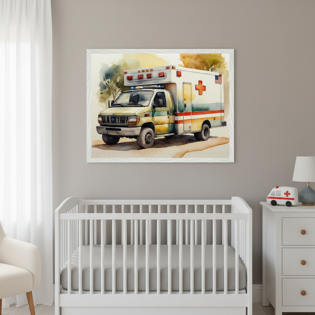 Modern nursery with a white crib and dresser. Above the crib hangs a framed watercolor of a white and green ambulance with a red cross and American flag. A toy ambulance and lamp are on the dresser.