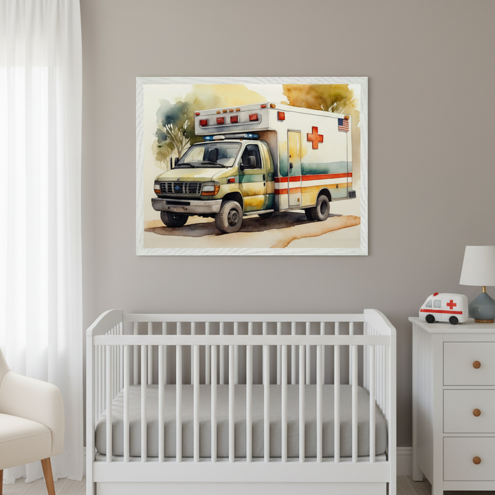 Modern nursery with a white crib and dresser. Above the crib hangs a framed watercolor of a white and green ambulance with a red cross and American flag. A toy ambulance and lamp are on the dresser.