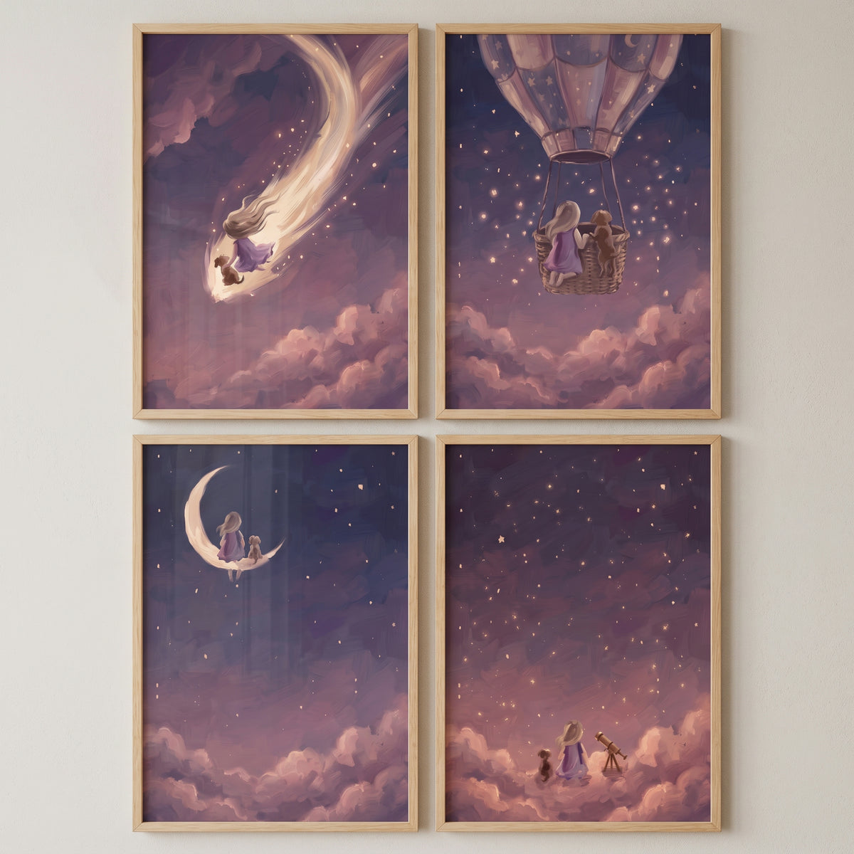 Amethyst night girl dog wall art set of 4 shows a girl and dog in a purple sky with a comet, balloon, moon, and telescope.