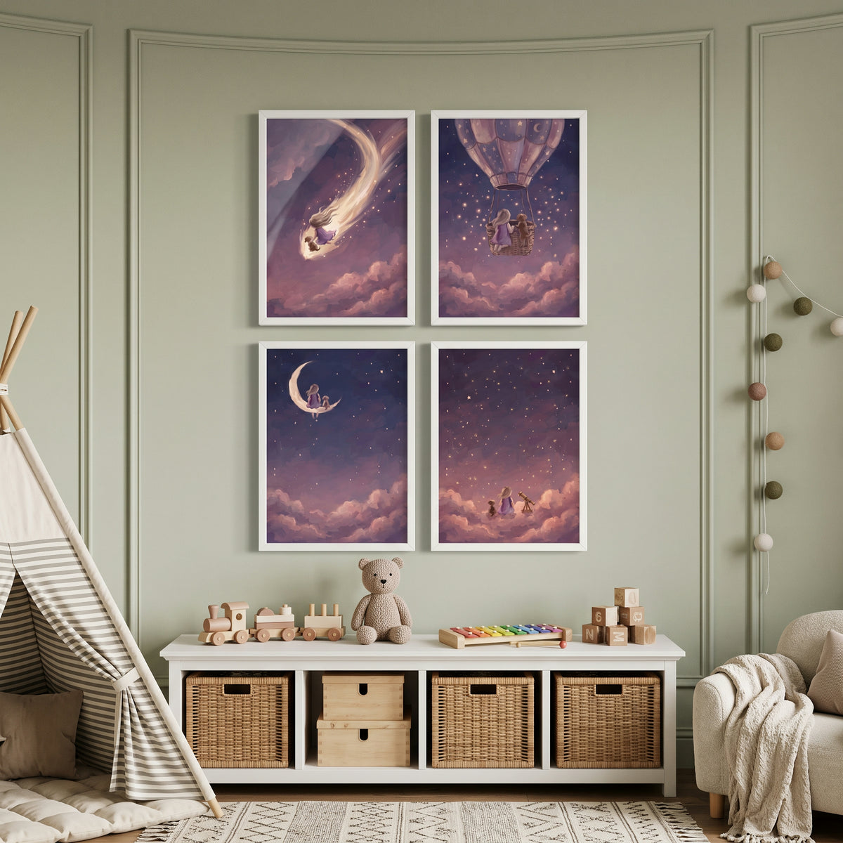 Amethyst Night Girl Dog Wall Art Set of 4 - Celestial Dream Travels