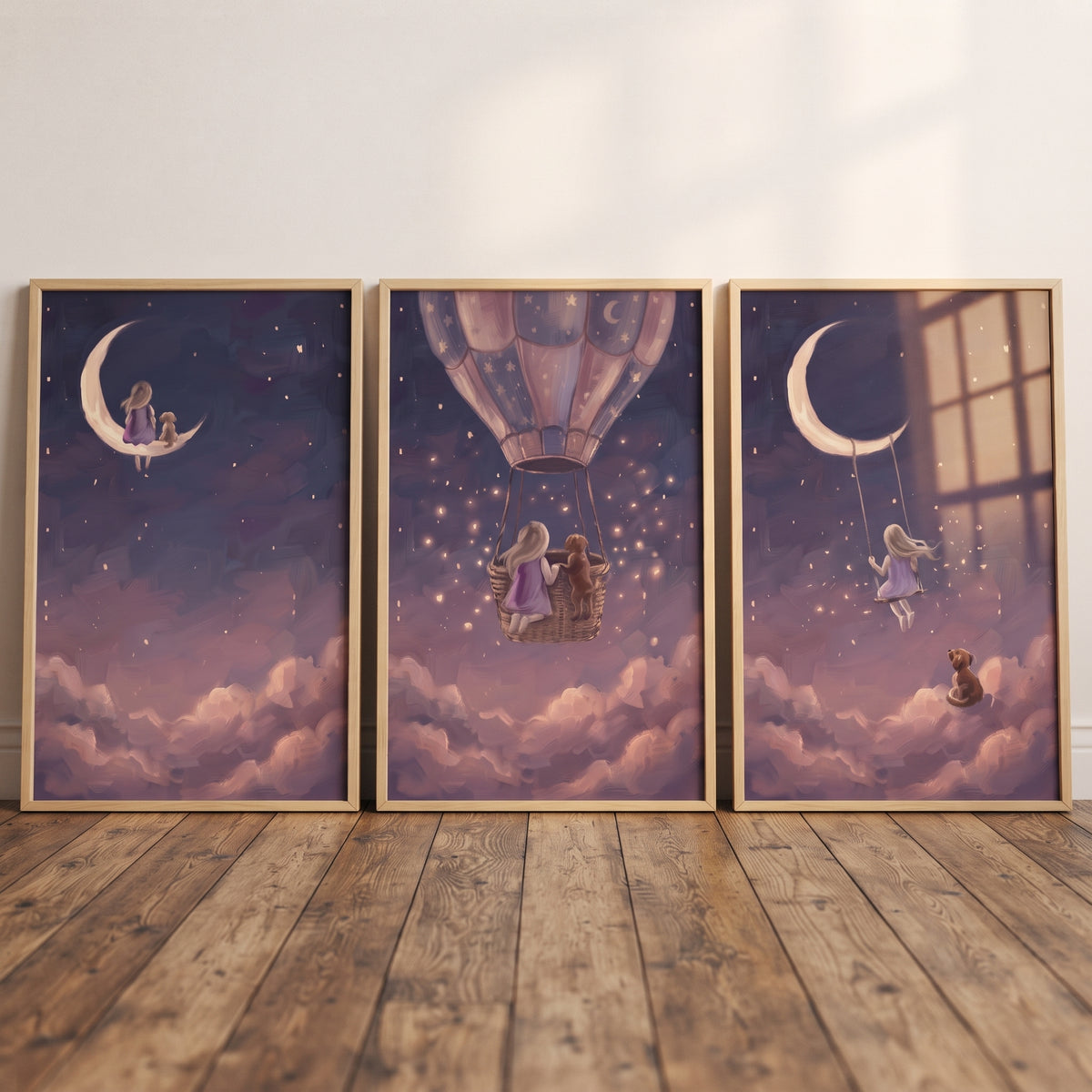 Amethyst sky girl dog wall art set of 3 features a girl and dog on a moon, in a hot air balloon, and on a moon swing.