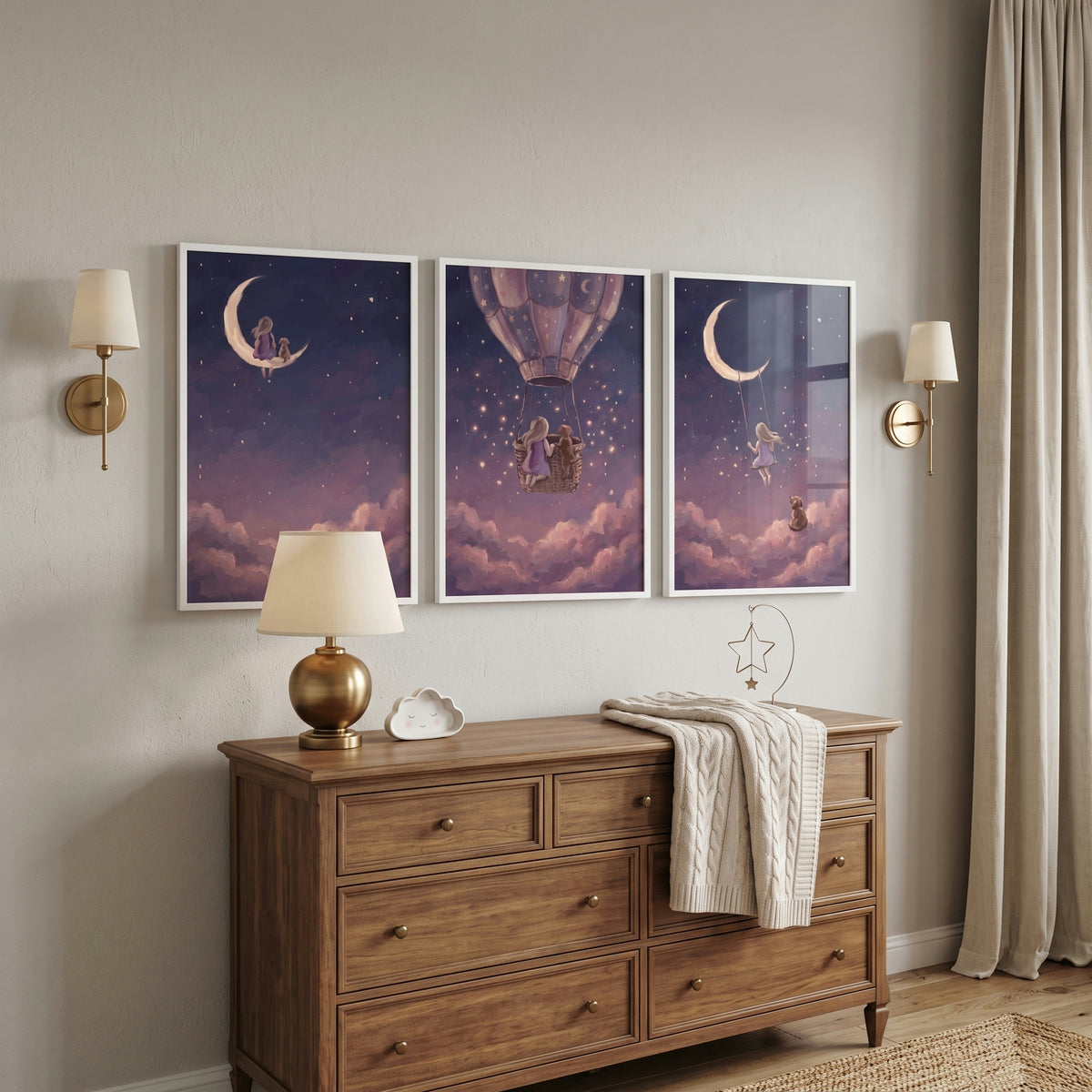 Amethyst Sky Girl Dog Wall Art Set of 3 - Celestial Sky Dreams