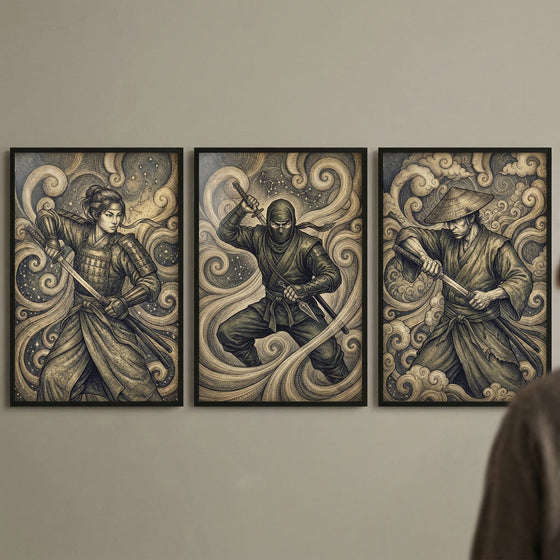 This triptych features three framed illustrations of legendary Japanese warriors in a highly detailed, woodcut-inspired style. The artwork uses a monochromatic palette of sepia, charcoal, and deep navy tones, with intricate line work creating swirling patterns of clouds and smoke that fill the backgrounds alongside faint celestial constellations.
