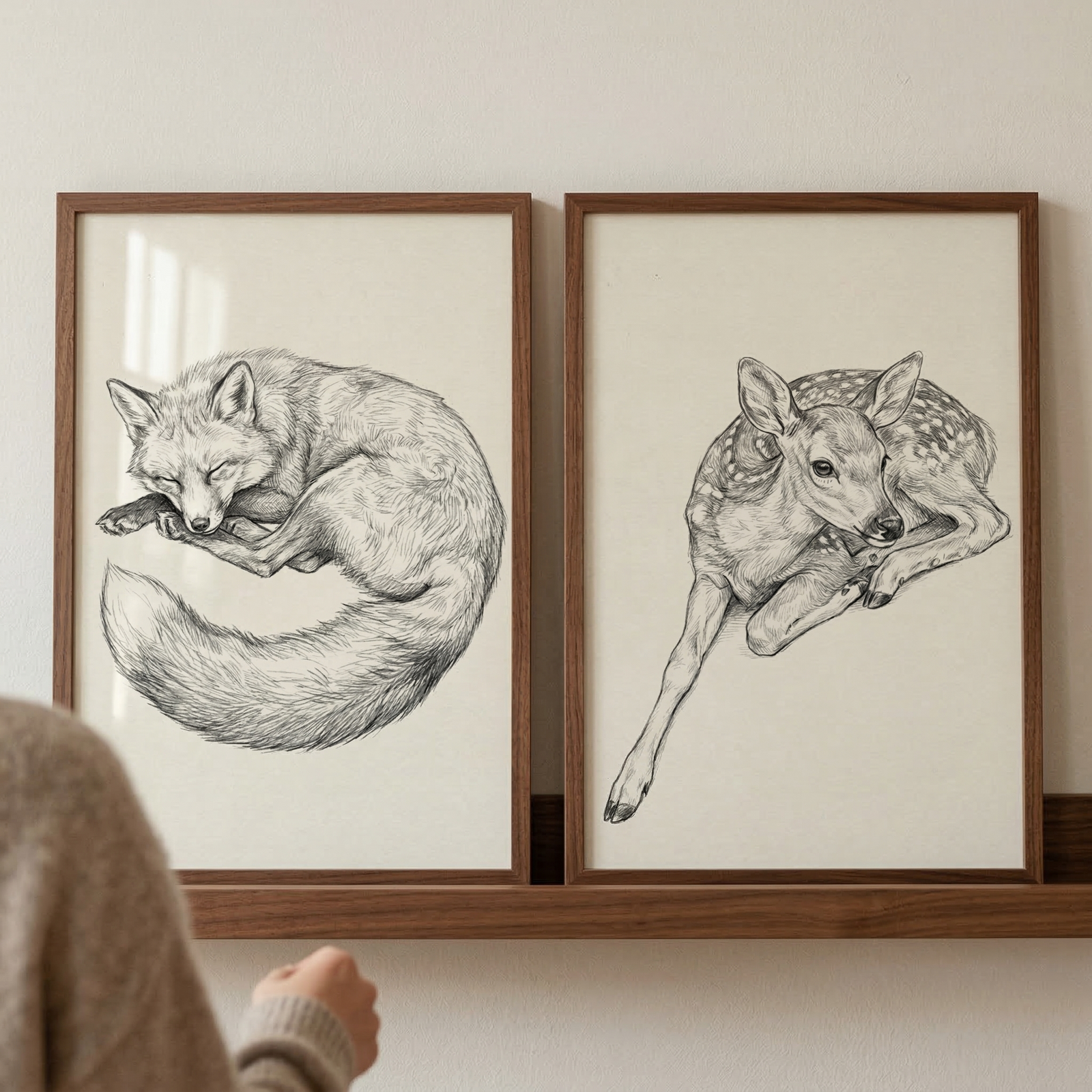 Two dark wood-framed sketches of animals rest on a wooden shelf against a light wall. The left frame features a detailed black and white illustration of a sleeping fox curled in a circle with its large tail tucked in. The right frame shows a detailed black and white illustration of a young deer with white spots lying down. In the foreground, a person's shoulder and hand are partially visible as they look at the art pieces.