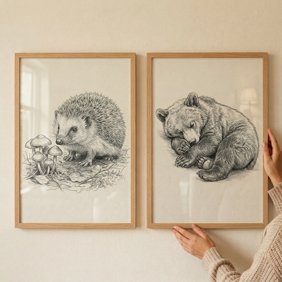 Two light wood frames are hung side-by-side on a cream-colored wall. The frame on the left contains a detailed black and white sketch of a hedgehog standing near a group of mushrooms on a bed of dry leaves and twigs. The frame on the right features a detailed black and white sketch of a bear cub curled up and sleeping. Both illustrations use fine line work to create realistic textures of fur and natural elements. A person's hands are shown at the bottom right, holding the edge of the bear's frame.