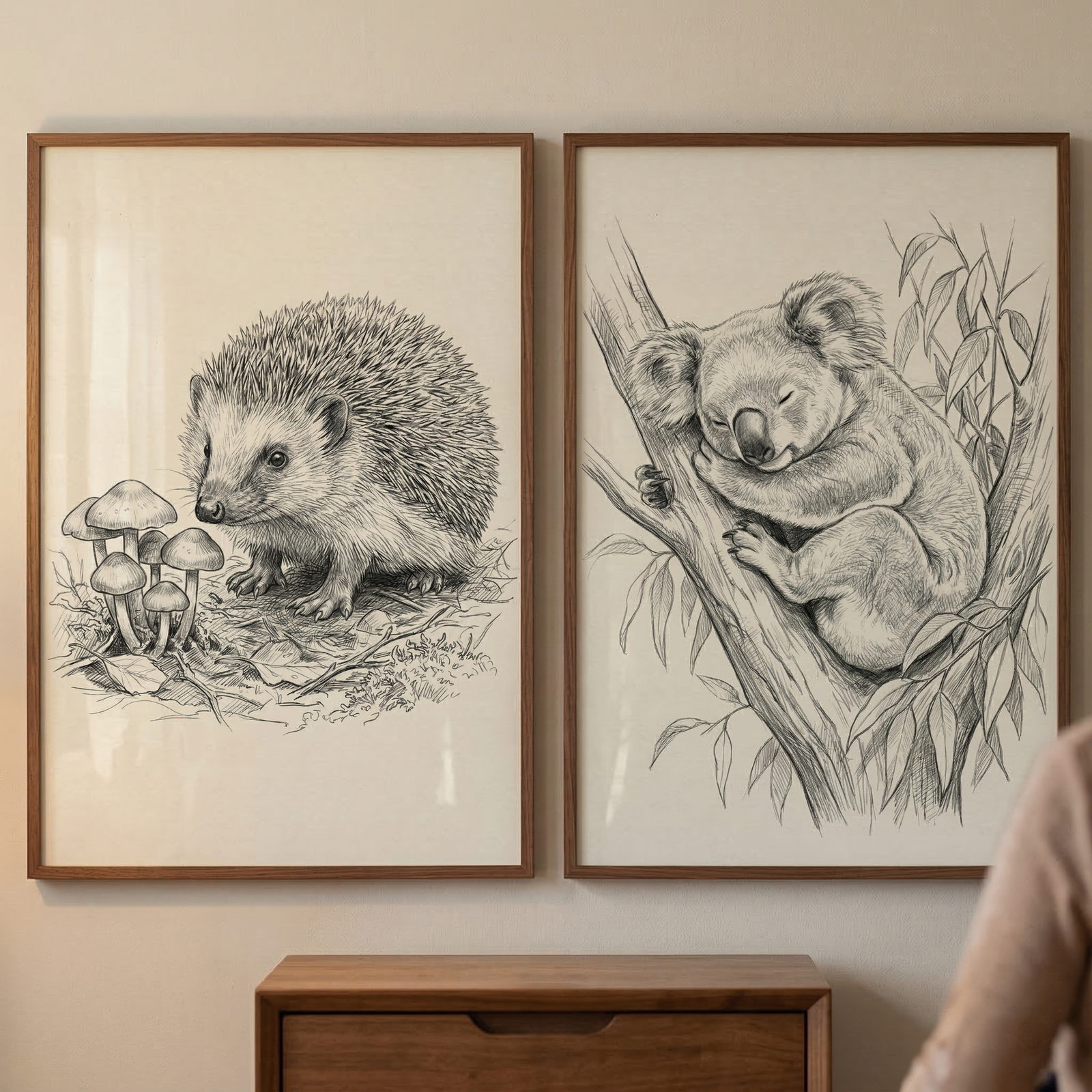 Two large, vertically oriented framed sketches hang side-by-side on a neutral wall. The frame on the left contains a detailed black and white drawing of a hedgehog standing near a cluster of mushrooms. The frame on the right features a black and white pencil illustration of a koala sleeping in a tree. Both pieces of art are encased in thin, brown wooden frames. Below the frames is a wooden chest of drawers, and a person's shoulder is blurred in the bottom right corner.