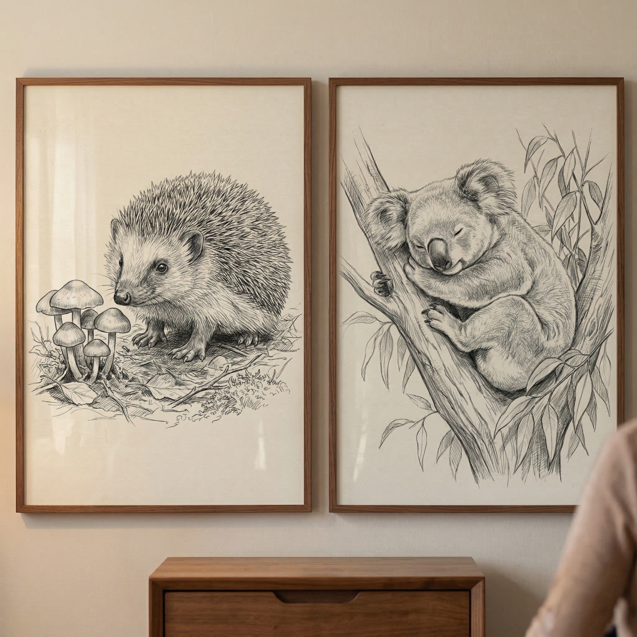 Detailed Pencil Animal Wall Art Set of 2 - Woodland Sketch Pair