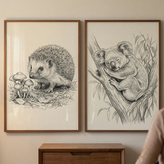 Two large, vertically oriented framed sketches hang side-by-side on a neutral wall. The frame on the left contains a detailed black and white drawing of a hedgehog standing near a cluster of mushrooms. The frame on the right features a black and white pencil illustration of a koala sleeping in a tree. Both pieces of art are encased in thin, brown wooden frames. Below the frames is a wooden chest of drawers, and a person's shoulder is blurred in the bottom right corner.