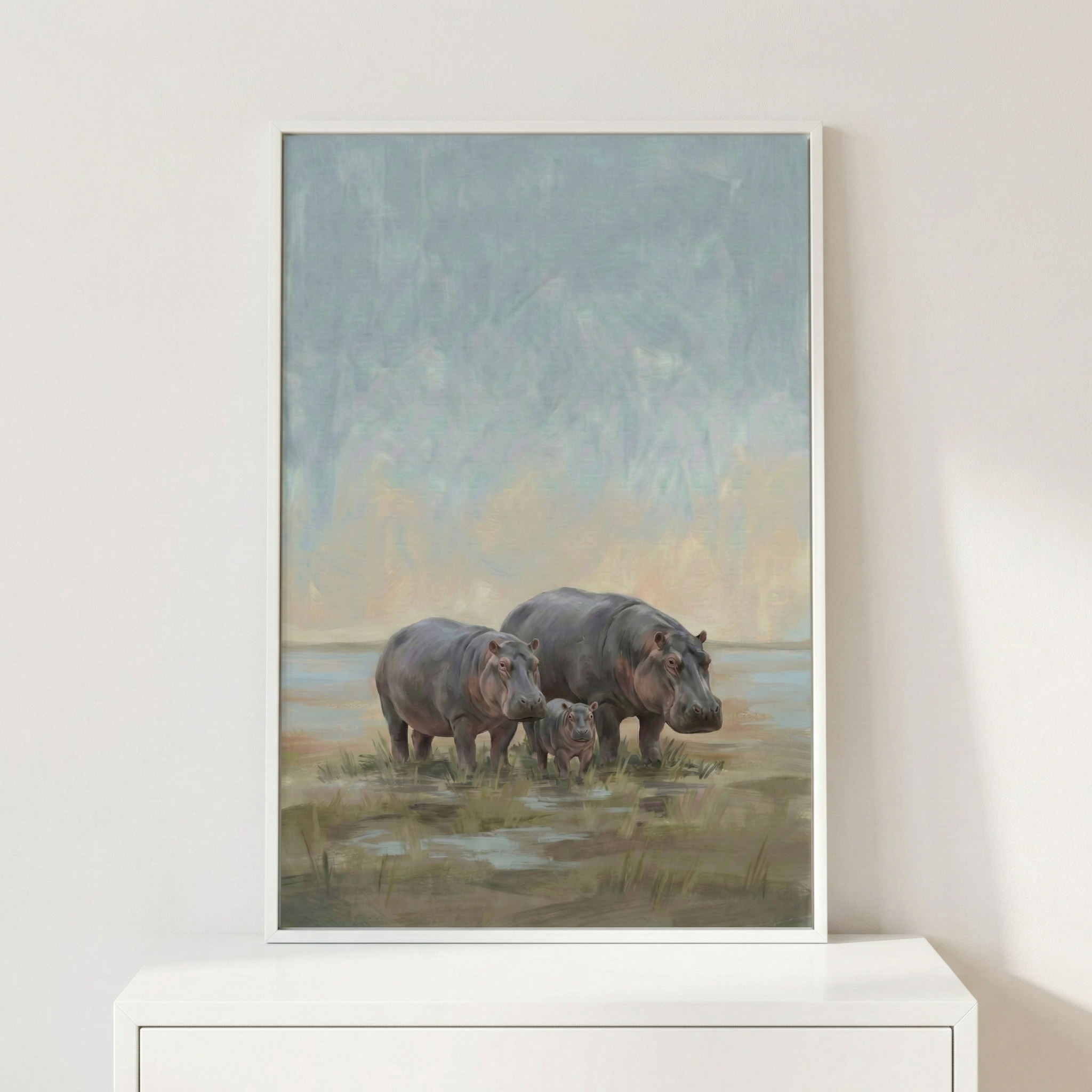 Hippo Family Soft Wetland Scenery Wall Art - Gentle River Giants