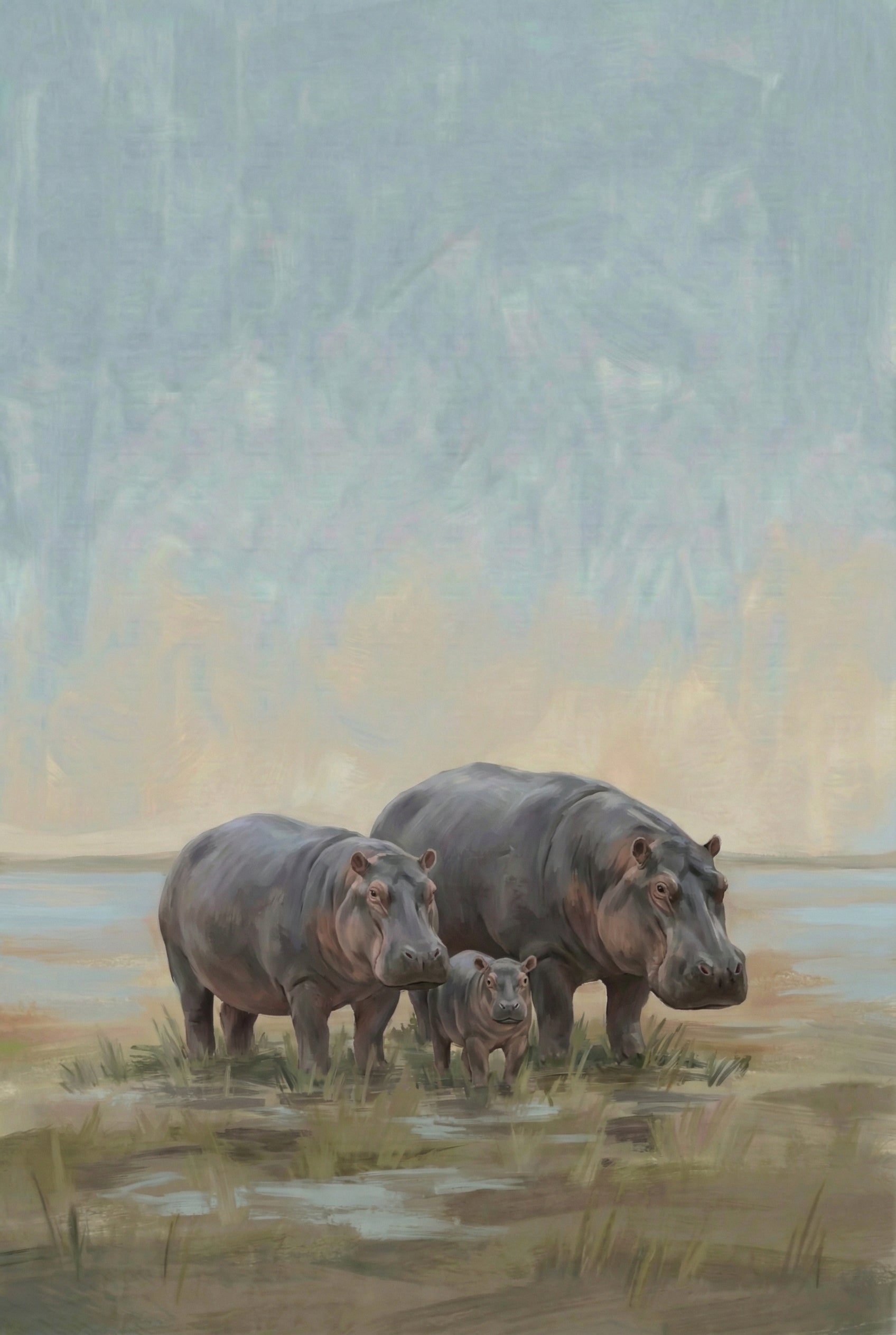 Hippo Family Soft Wetland Scenery Wall Art - Gentle River Giants