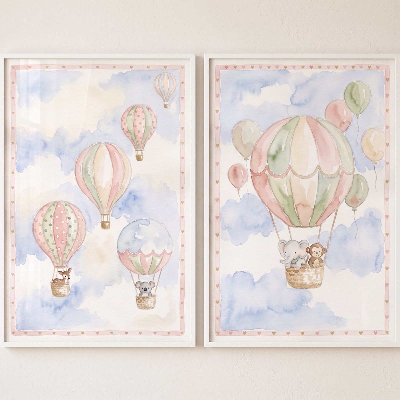Animal hot air balloon wall art set of 2 featuring watercolor animals in baskets below pastel balloons in a cloudy sky.