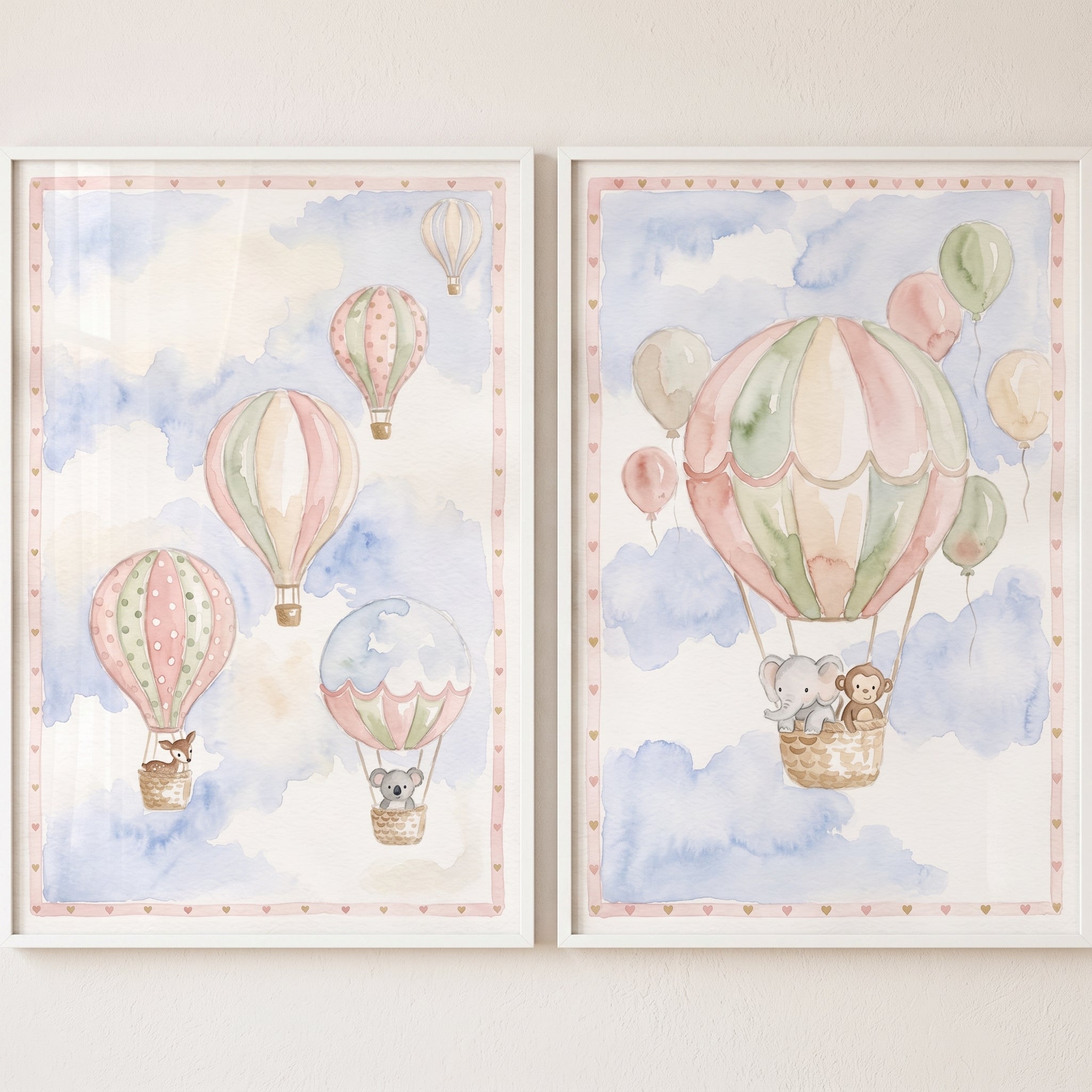 Animal Hot Air Balloon Wall Art Set Of 2 - Whimsical Balloon Flight