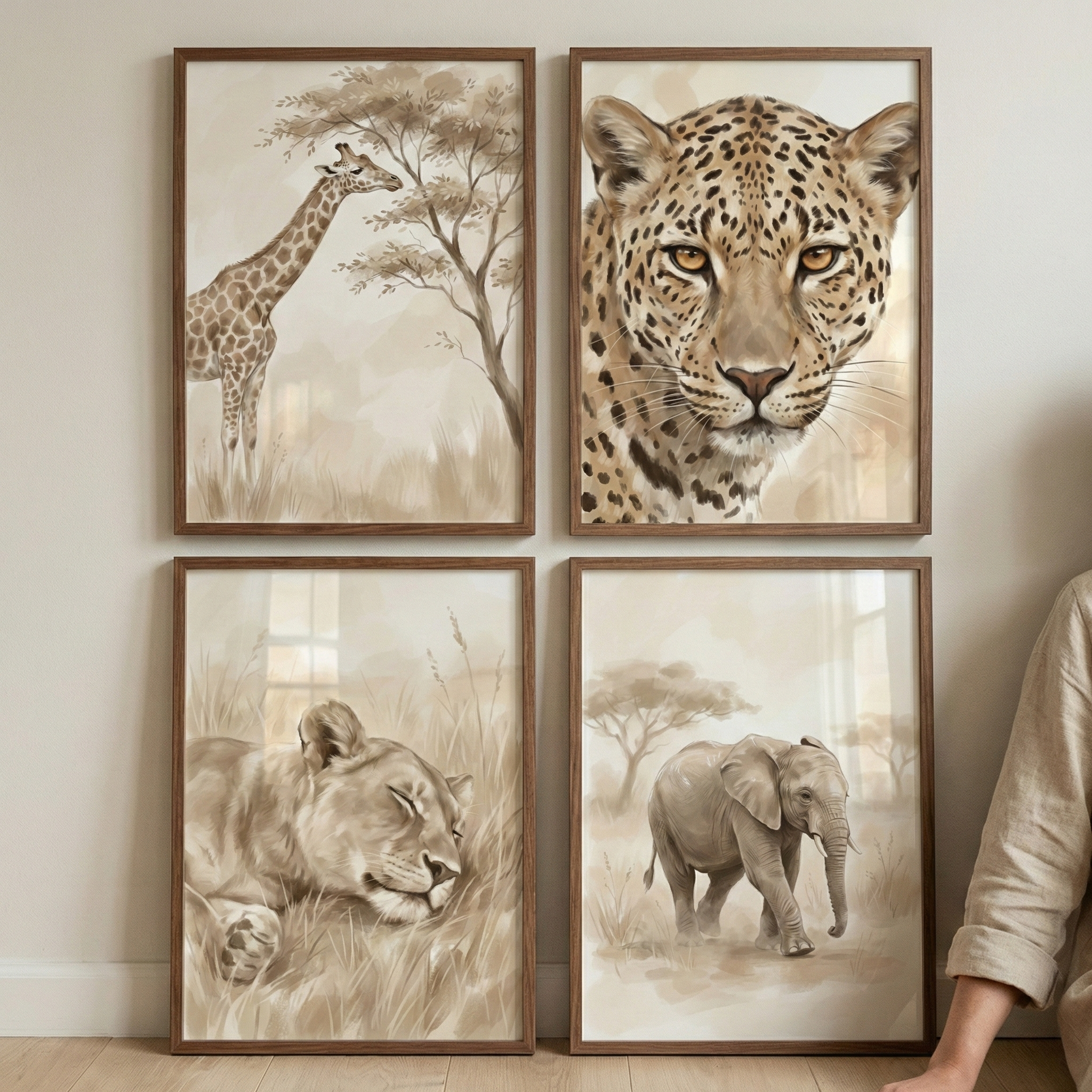 Four framed illustrations of African savanna animals are arranged in a grid on a light wall. The artwork features a soft, watercolor aesthetic in muted tan and sepia tones. The top-left depicts a giraffe near a tree, while the top-right shows a detailed close-up of a leopard's face. The bottom-left captures a sleeping lioness in tall grass, and the bottom-right features an elephant walking across the savanna. Each piece is housed in a simple, thin wooden frame.