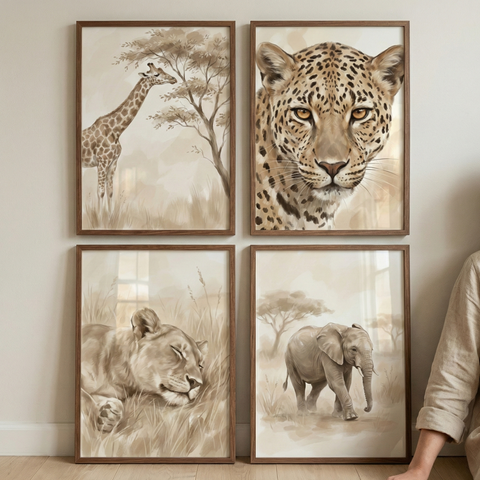 Four framed illustrations of African savanna animals are arranged in a grid on a light wall. The artwork features a soft, watercolor aesthetic in muted tan and sepia tones. The top-left depicts a giraffe near a tree, while the top-right shows a detailed close-up of a leopard's face. The bottom-left captures a sleeping lioness in tall grass, and the bottom-right features an elephant walking across the savanna. Each piece is housed in a simple, thin wooden frame.