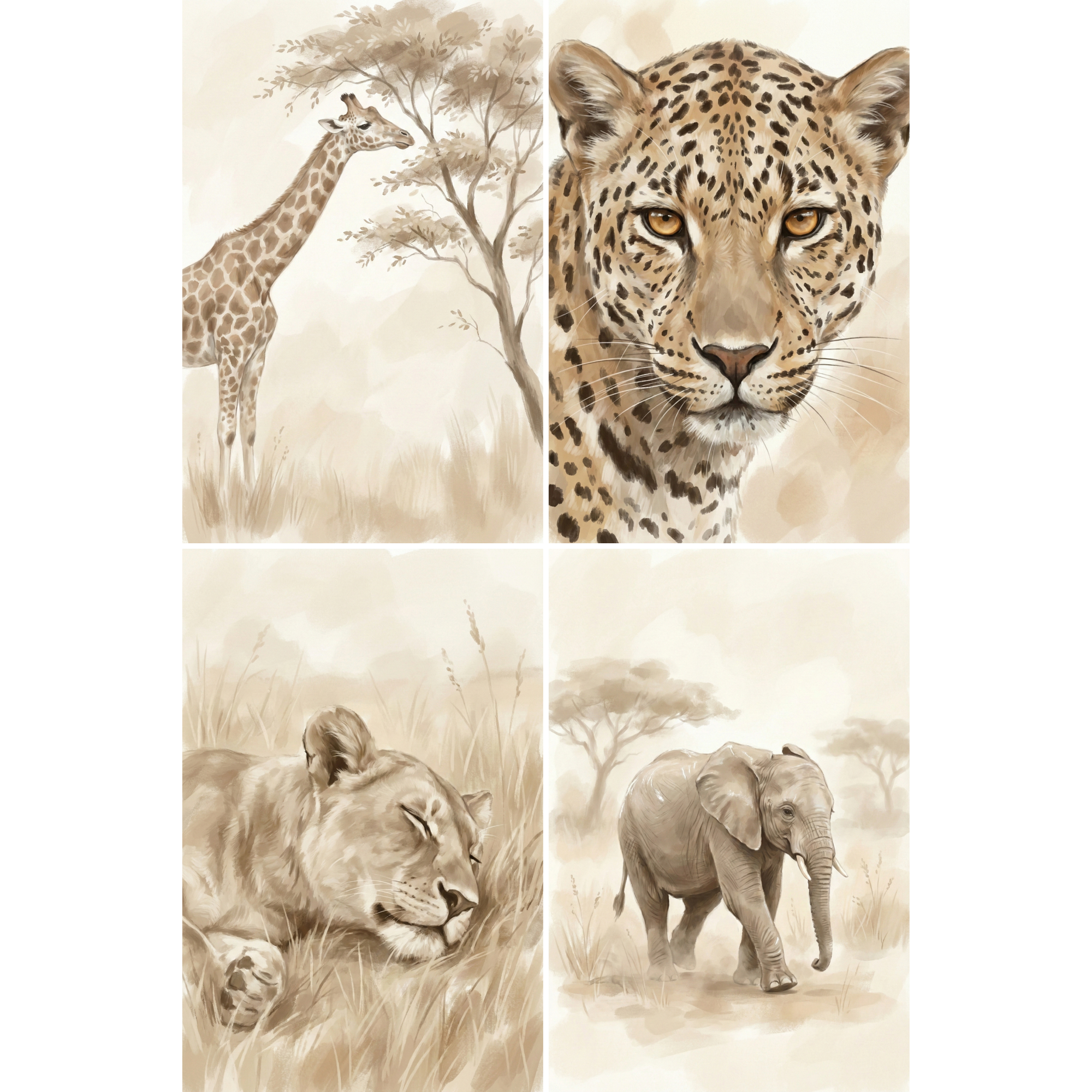 Sepia toned wildlife illustration arranged in four panels showing African savanna animals. A giraffe reaches toward the leaves of an acacia tree while a leopard with golden eyes faces forward and a lioness sleeps in tall grass beside an elephant walking slowly across the dry landscape.