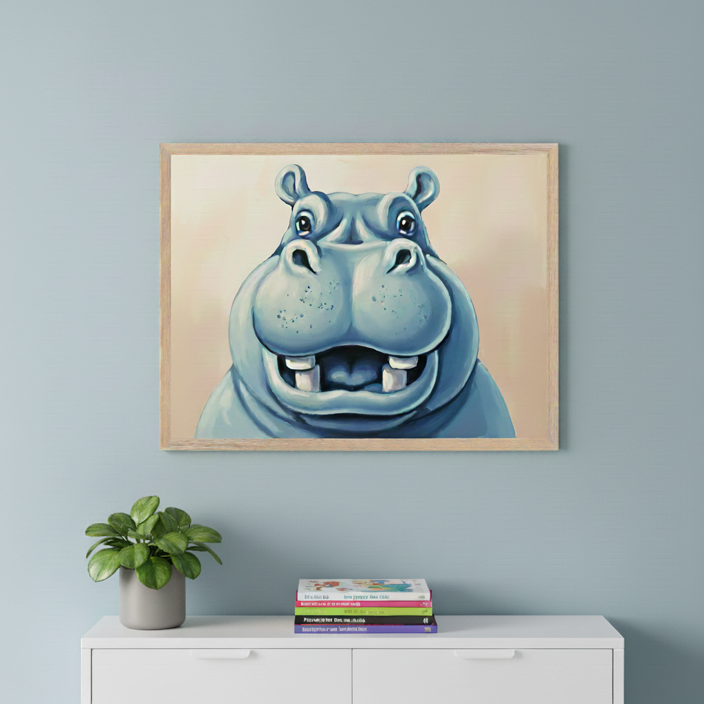 Modern kid's room with a light blue wall. A light wood framed print of a smiling blue cartoon hippo with large teeth hangs centered above a white dresser. A potted plant and stack of children's books are on the dresser.