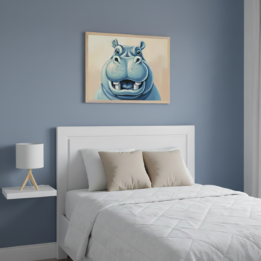 Modern bedroom with a white bed and headboard. A framed art of a smiling blue hippopotamus hangs above the bed, slightly right of center. A white floating nightstand with a lamp is to the left.
