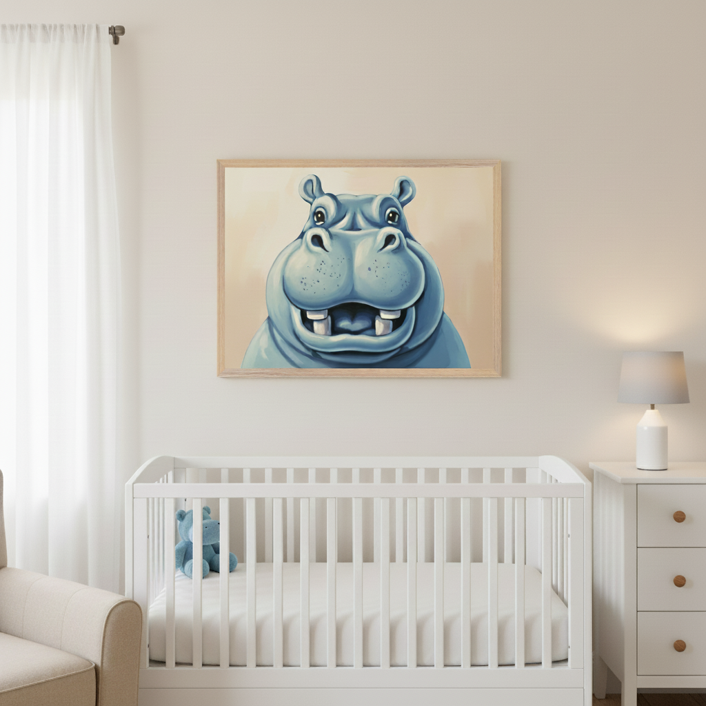 Bright nursery with a white crib, light armchair, and dresser. A large framed illustration of a smiling blue cartoon hippo hangs above the crib. A matching hippo toy rests inside the crib.