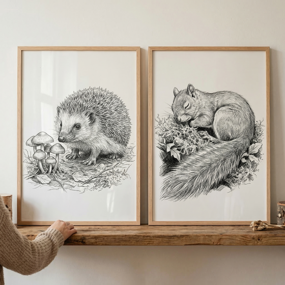Two vertical light wood frames rest on a rustic wooden shelf against a neutral wall. The left frame contains a detailed black and white sketch of a hedgehog standing near a small cluster of mushrooms. The right frame holds a similar black and white sketch of a sleeping squirrel curled up on a bed of forest foliage. A person's hand in a beige knitted sweater is visible in the lower-left corner, reaching toward the shelf. The artwork is monochromatic with fine, intricate lines.