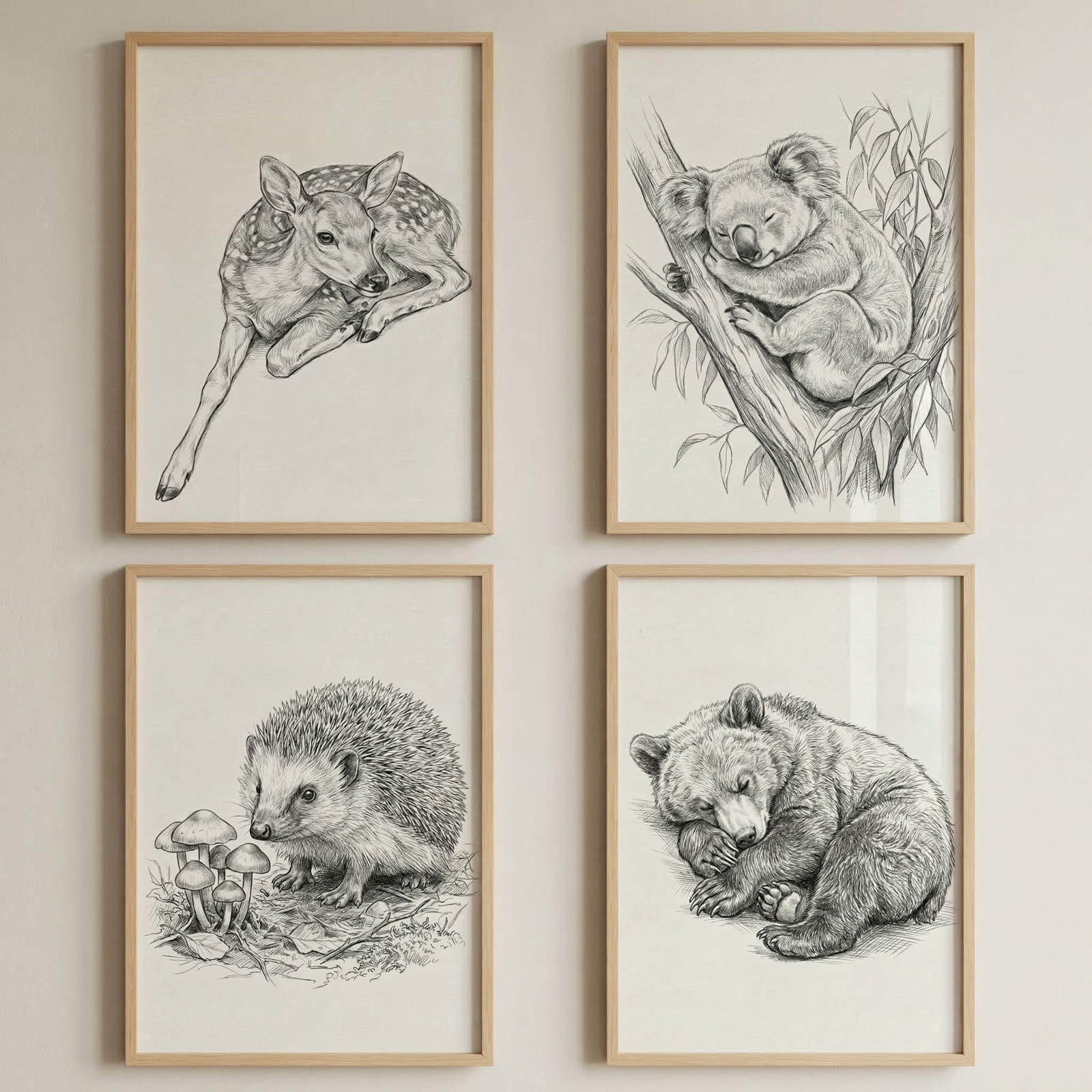 A collection of four framed pencil sketches of animals arranged in a square on a light wall. Each sketch is set in a light-colored wooden frame. The top-left sketch shows a young deer lying down with its legs tucked in. The top-right sketch depicts a koala sleeping peacefully in a tree. The bottom-left sketch features a hedgehog next to several small mushrooms. The bottom-right sketch illustrates a bear cub curled up and sleeping. The artwork is rendered in a realistic style.