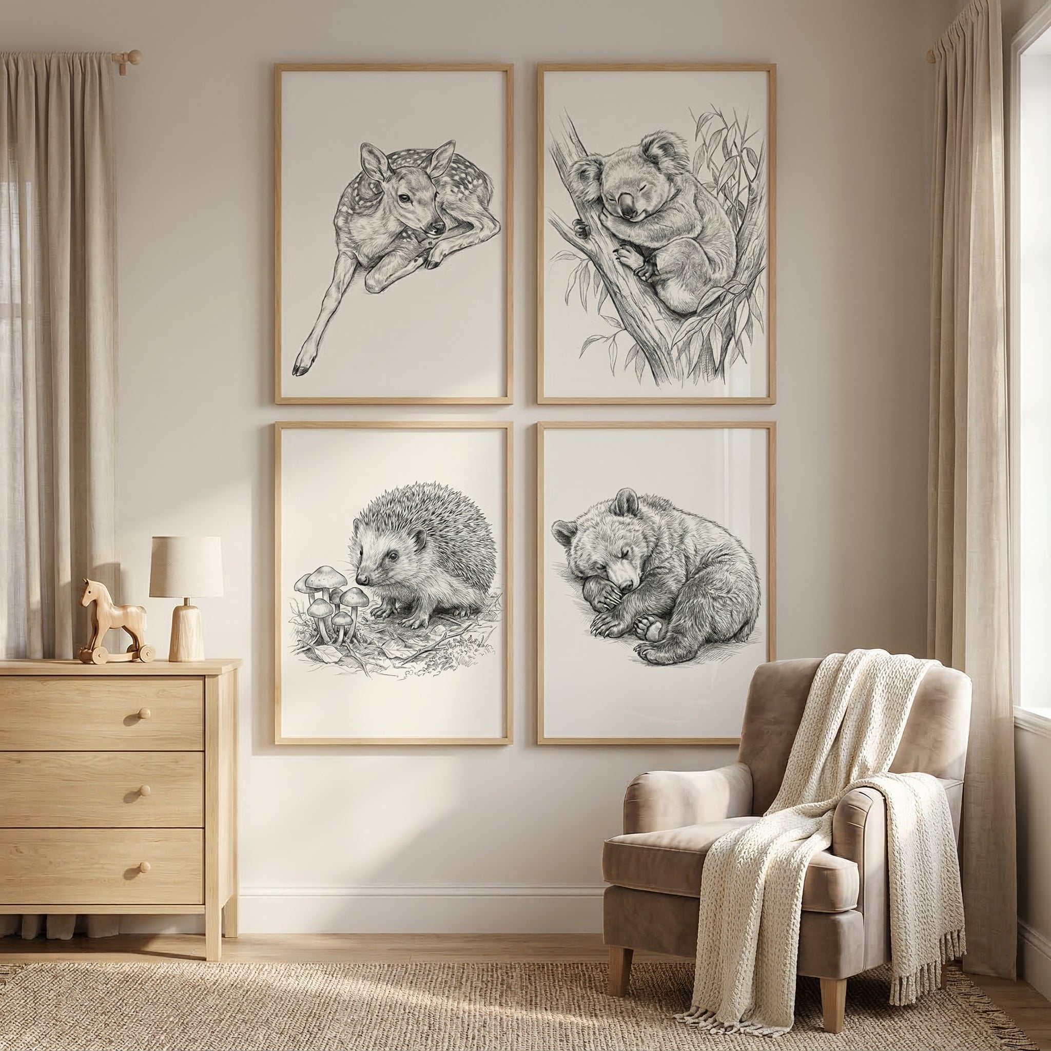 Woodland Animals Wall Art Set of 4 - Baby Woodland Sketches