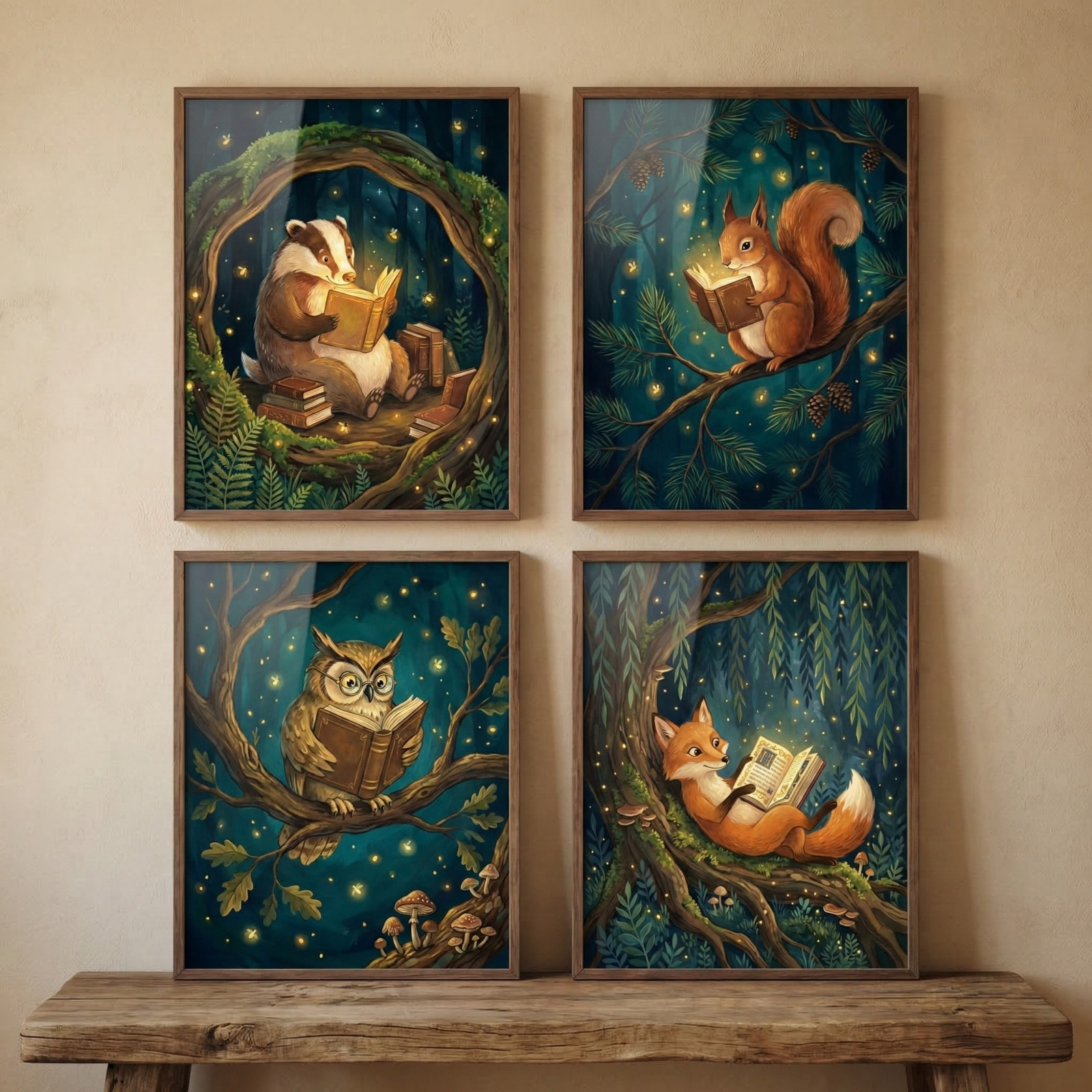 Four framed woodland illustrations are arranged in a grid above a rustic wooden bench. They show a badger, squirrel, owl, and fox each reading a glowing book in a dark forest surrounded by branches, foliage, and soft firefly like lights.