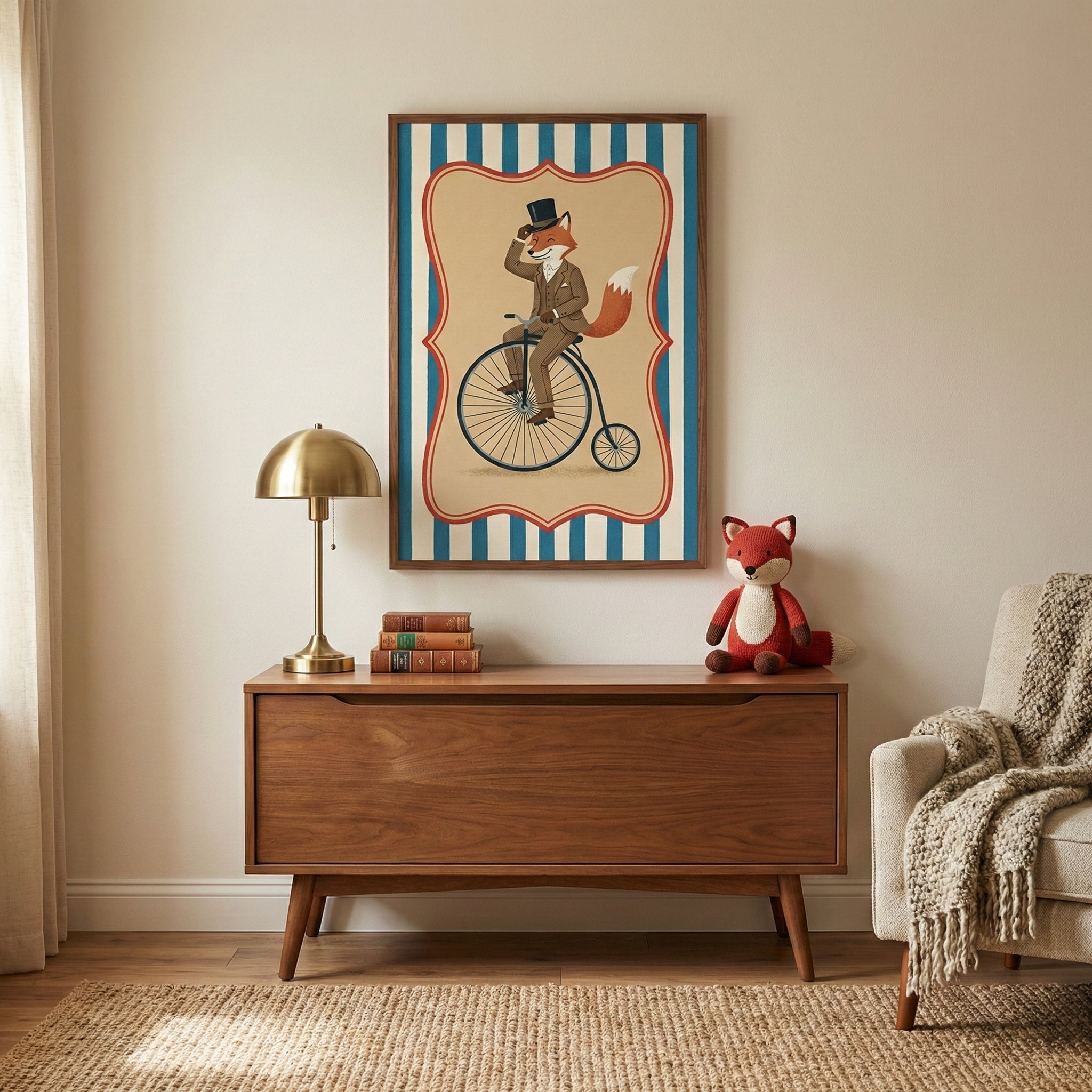 A minimalist interior scene featuring a mid-century modern wooden chest against a light beige wall. Centered above the chest hangs a framed poster of a fox in a suit and top hat riding a high-wheel bicycle, set against a blue and white striped background. On top of the chest sit a golden dome lamp, a small stack of books, and a red stuffed fox toy. To the right, a cream-colored armchair is draped with a textured blanket. The room has light wood floors partially covered by a woven jute rug.