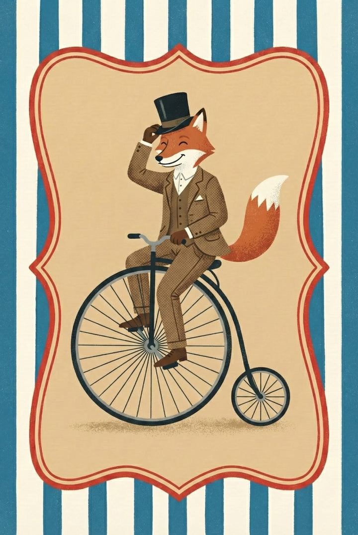 A dapper fox in a brown suit rides a penny-farthing and tips his black top hat, smiling within a striped, ornate border.
