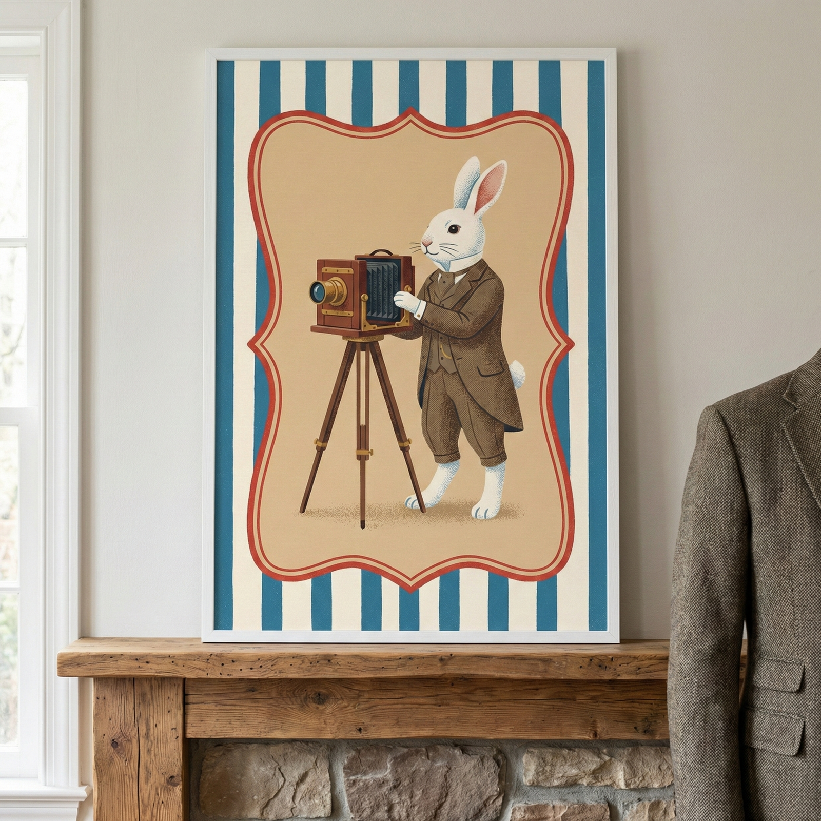 A framed vertical illustration sits on a thick wooden mantelpiece above a stone fireplace. The art depicts a white rabbit dressed in a brown three-piece suit, standing and operating an antique bellows camera on a wooden tripod. The rabbit is centered within a tan, ornate frame outlined in red, set against a background of vertical blue and white stripes. To the right, a portion of a person's shoulder in a brown tweed jacket is visible, and to the left is a white window frame.