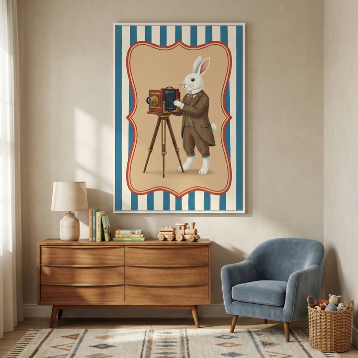 A piece of framed wall art hangs above a wooden dresser in a neutral-toned room. The artwork features an illustration of a white rabbit in a brown suit using a vintage bellows camera on a tripod. The illustration is set within a decorative red-bordered shape against a background of blue and white vertical stripes. On the dresser are a small table lamp, several books, and a wooden toy train. To the right of the dresser stands a blue velvet armchair next to a woven basket containing stuffed toys. A patterned 
