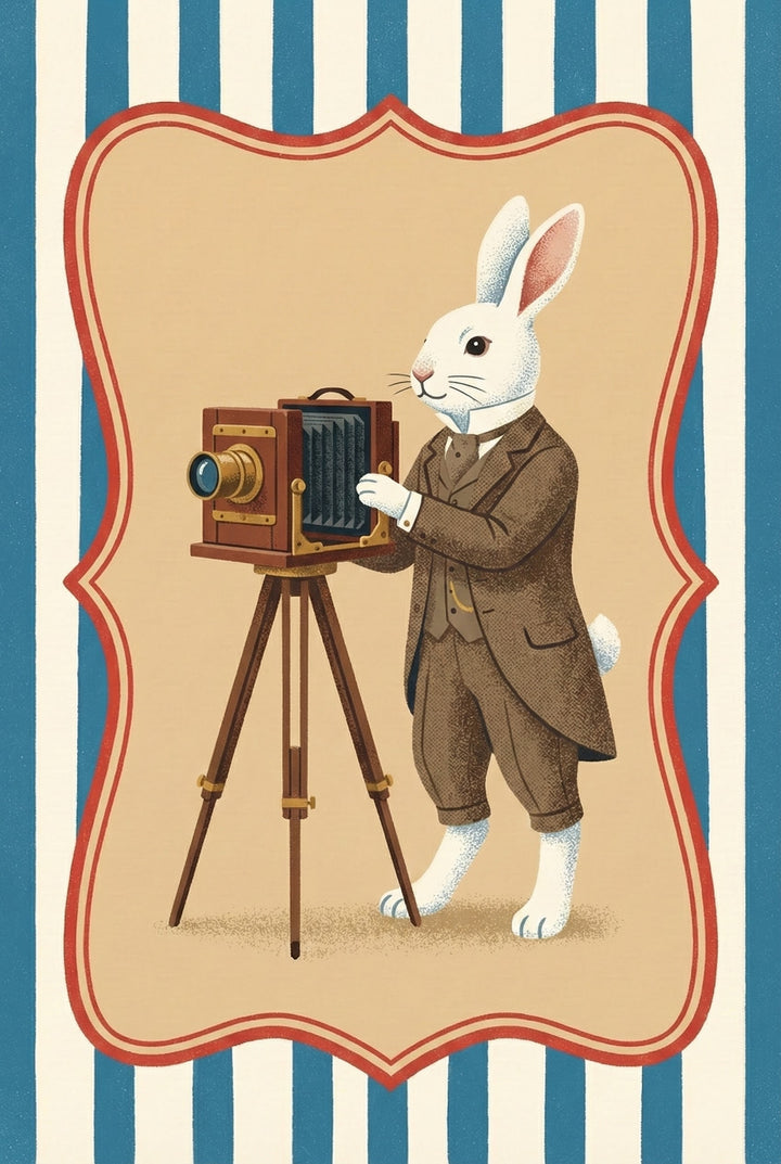 A white rabbit dressed in a brown three-piece suit operates a vintage box camera on a wooden tripod, set against a beige background with striped trim.
