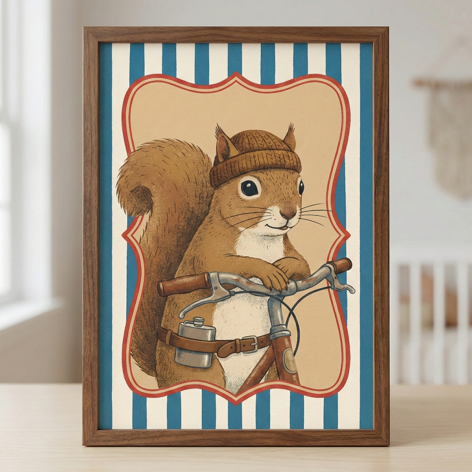 An illustration of a squirrel wearing a brown knit beanie and a leather belt with a silver flask attached. The squirrel leans its paws on the handlebars of a vintage-style bicycle. This central scene is contained within a scalloped red border, which is set against a background of blue and cream vertical stripes. The entire piece is displayed in a dark wood frame standing on a light-colored wooden table.