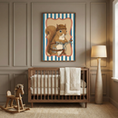 A sophisticated nursery room with neutral-colored paneled walls. In the center sits a dark wood crib with white and beige bedding. Above the crib hangs a vertical framed illustration of a squirrel wearing a brown knit cap and riding a bicycle, set against a background of blue and white stripes. To the left of the crib is a wooden rocking horse with a yarn mane, and to the right is a tall, slender floor lamp with a conical cream shade. A natural fiber rug covers the floor.