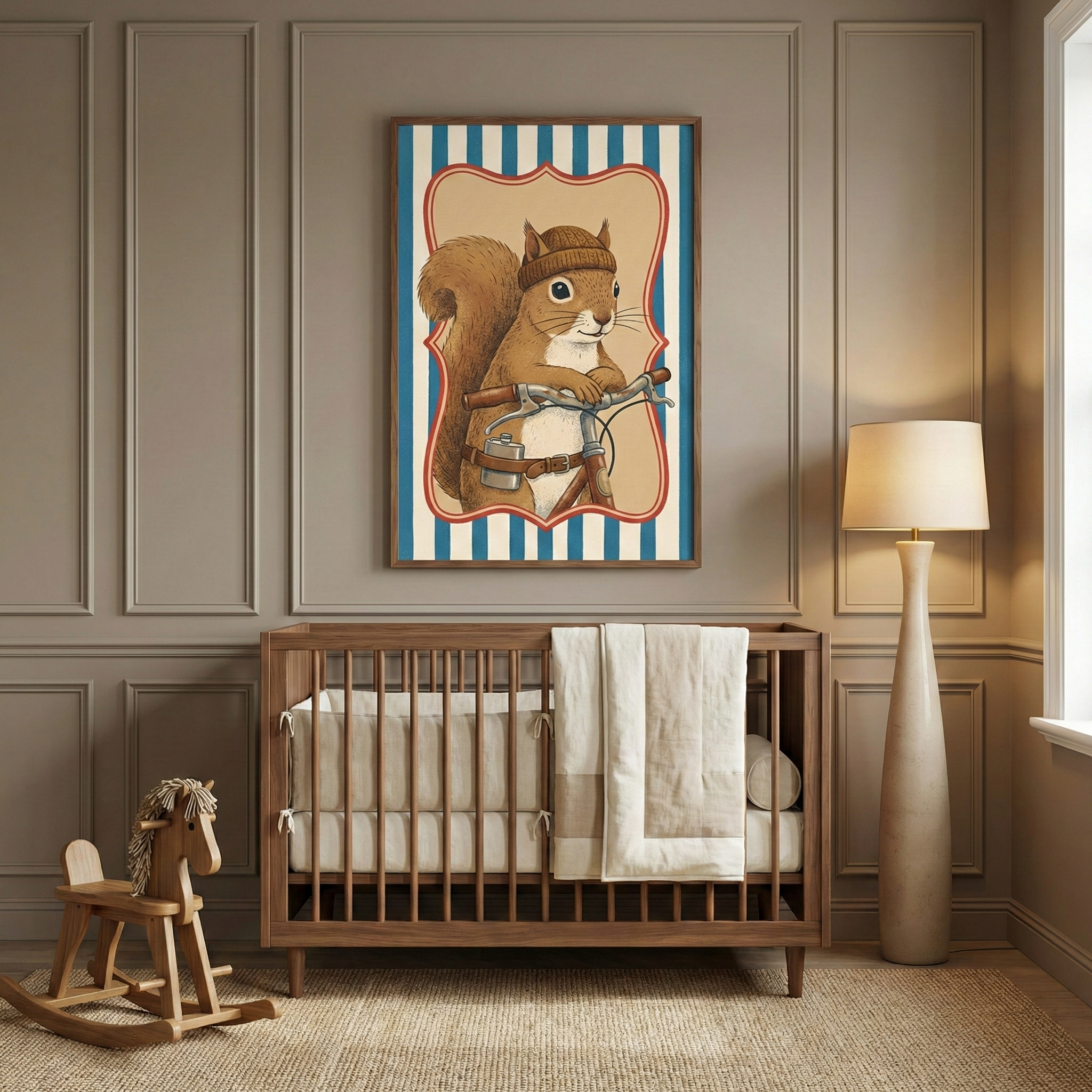 A sophisticated nursery room with neutral-colored paneled walls. In the center sits a dark wood crib with white and beige bedding. Above the crib hangs a vertical framed illustration of a squirrel wearing a brown knit cap and riding a bicycle, set against a background of blue and white stripes. To the left of the crib is a wooden rocking horse with a yarn mane, and to the right is a tall, slender floor lamp with a conical cream shade. A natural fiber rug covers the floor.