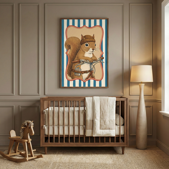 A sophisticated nursery room with neutral-colored paneled walls. In the center sits a dark wood crib with white and beige bedding. Above the crib hangs a vertical framed illustration of a squirrel wearing a brown knit cap and riding a bicycle, set against a background of blue and white stripes. To the left of the crib is a wooden rocking horse with a yarn mane, and to the right is a tall, slender floor lamp with a conical cream shade. A natural fiber rug covers the floor.