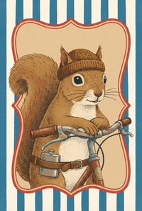 A squirrel wearing a brown knit hat leans casually on a bicycle with a metal canteen strapped to the handlebars, smiling within a vintage carnival-style frame.
