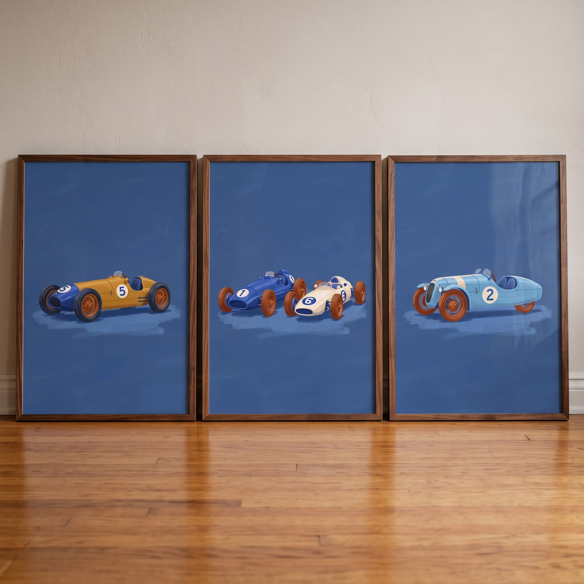 Antique Blue Race Car Wall Art Set of 3 - Retro Motor Racers