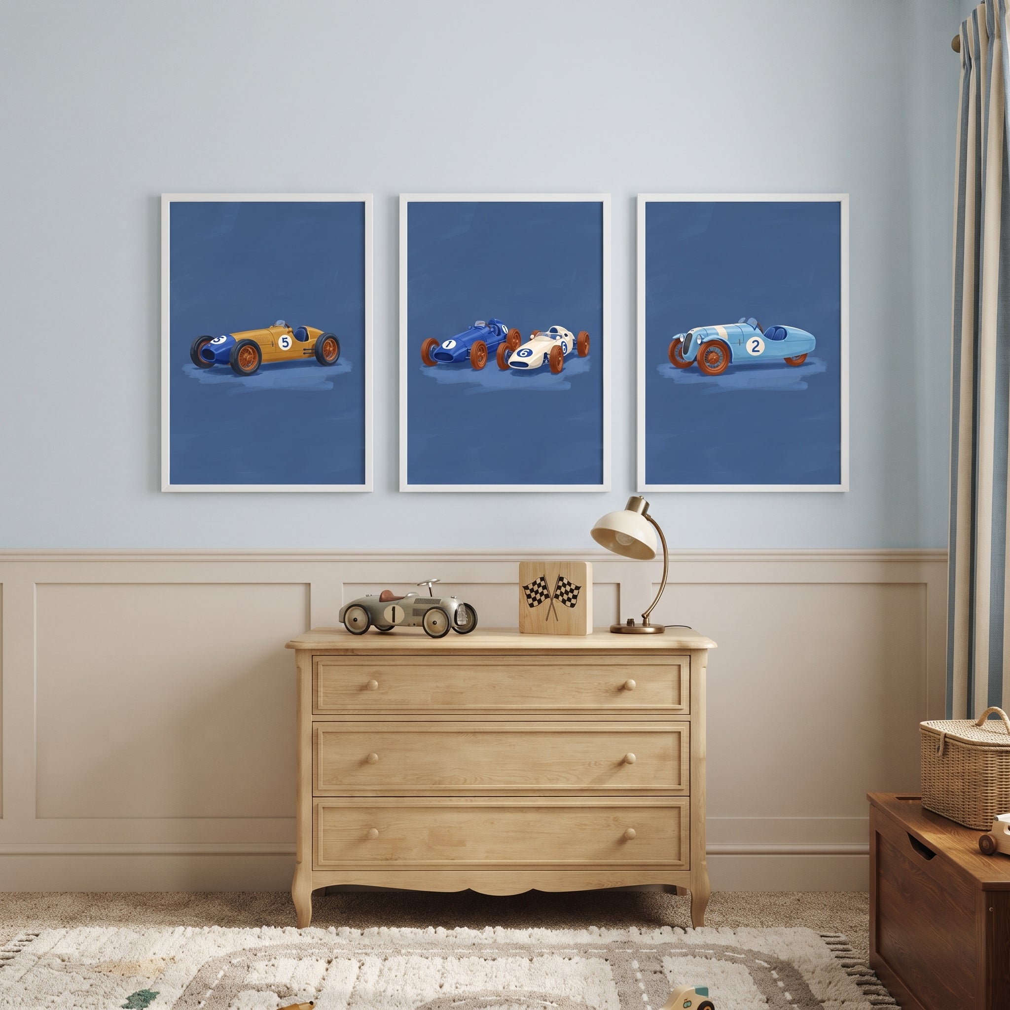 Antique Blue Race Car Wall Art Set of 3 - Retro Motor Racers