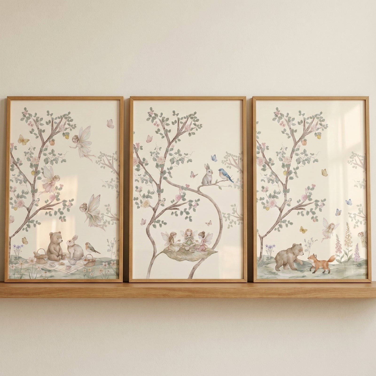 Antique blush garden fairies wall art set of 3 featuring bears, rabbits, and foxes in a soft woodland scene.