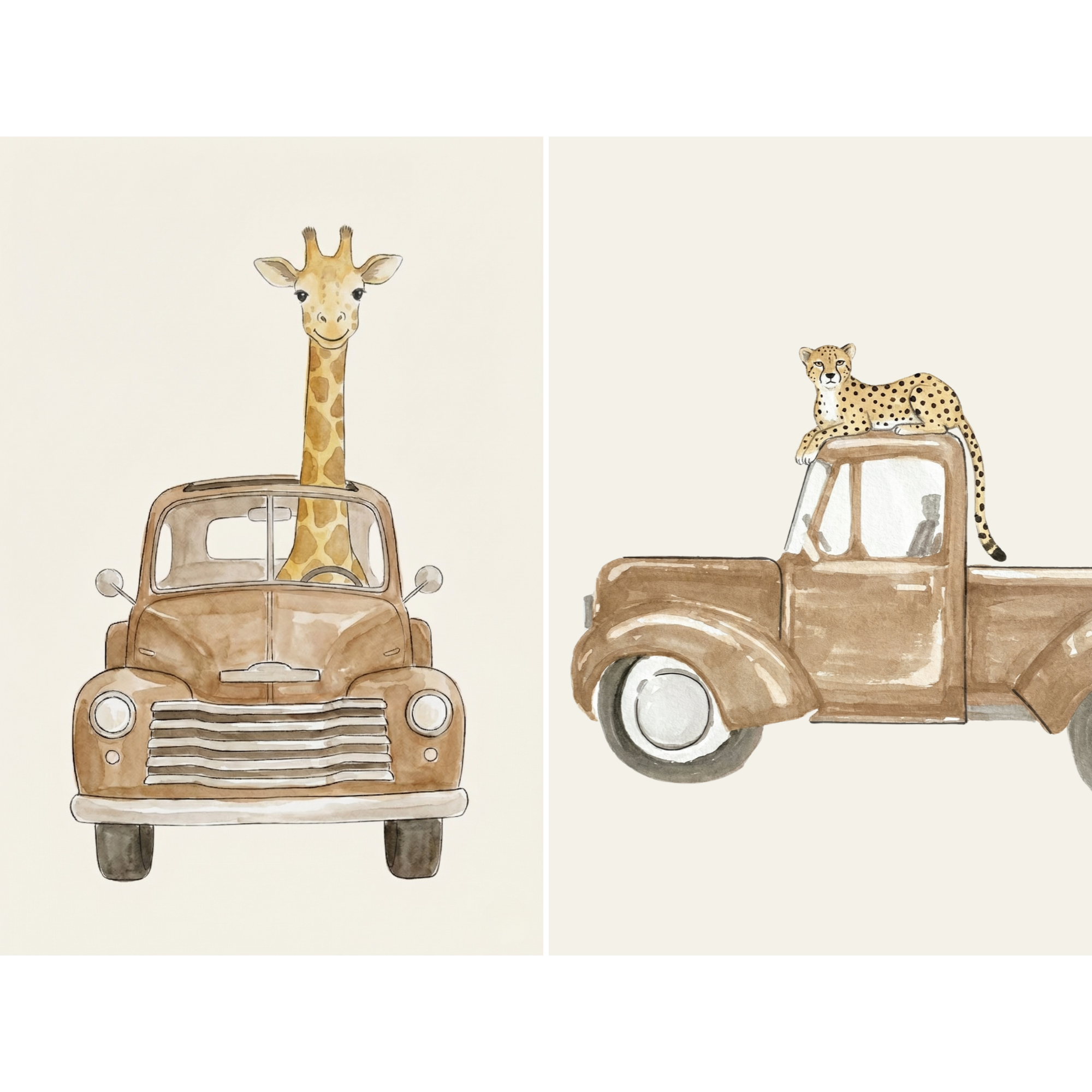 Antique Brown Truck Animal Wall Art Set of 2 - Wild Animal Rides