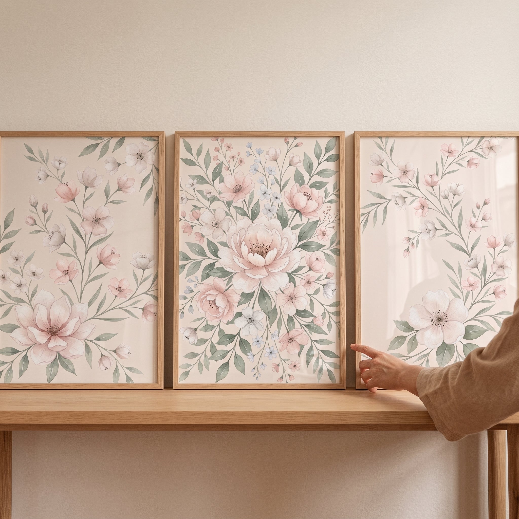 Antique Cream Botanical Floral Wall Art Set of 3 - Soft Petal Garden