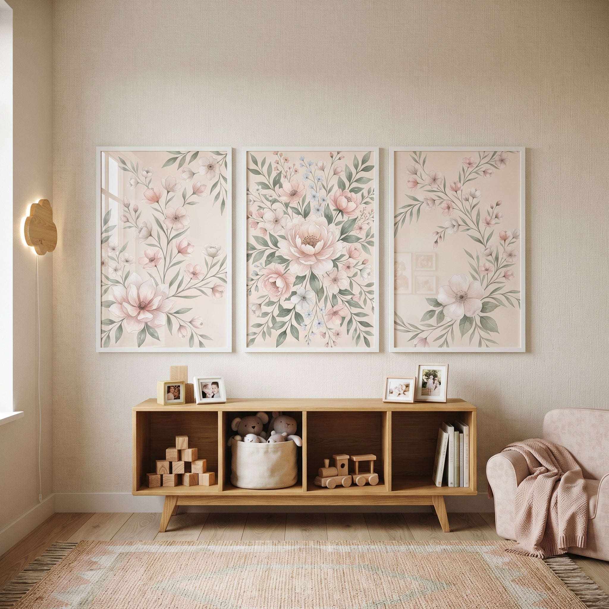 Antique Cream Botanical Floral Wall Art Set of 3 - Soft Petal Garden