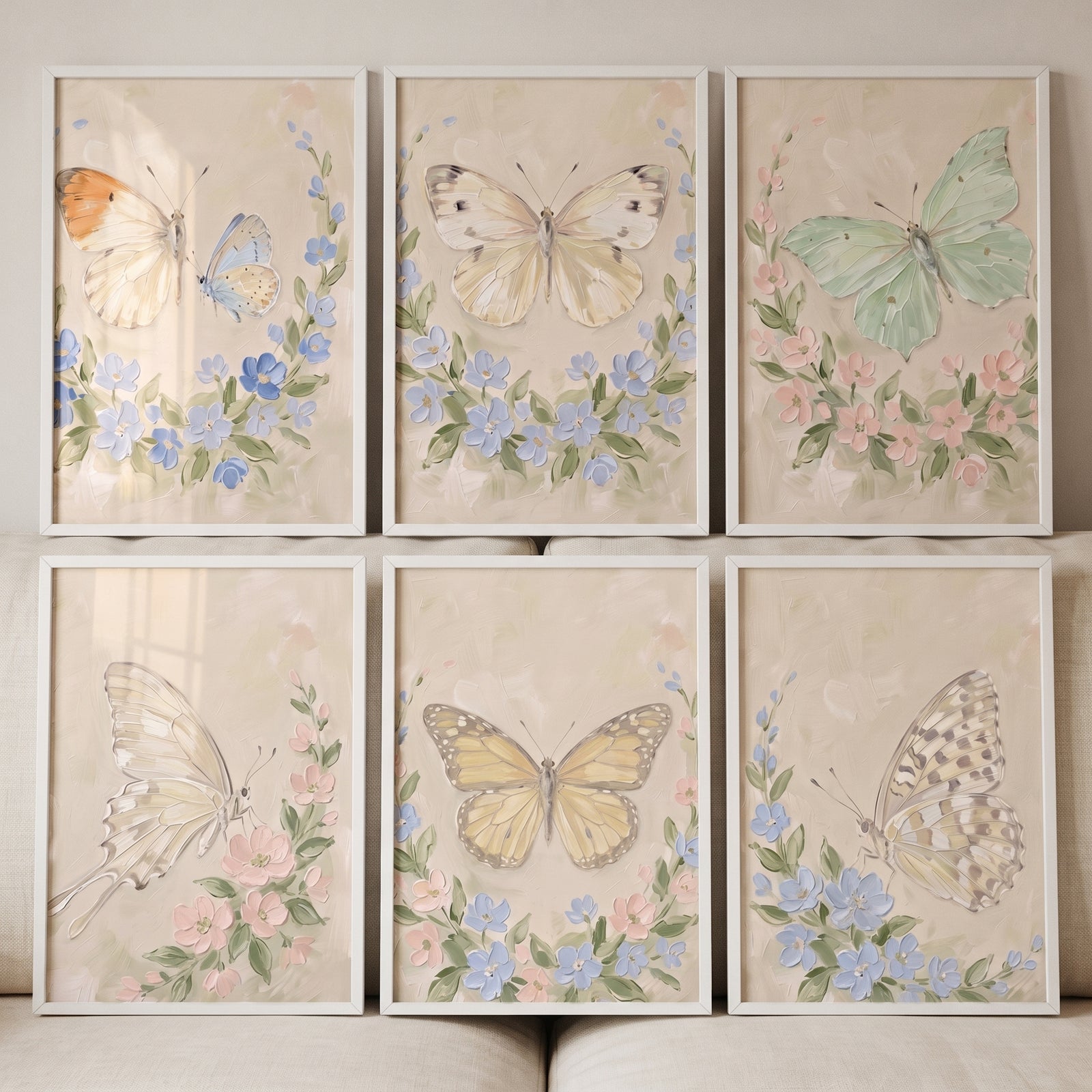 Antique garden wreath butterfly wall art set of 6 featuring textured pastel butterflies and delicate floral wreaths.