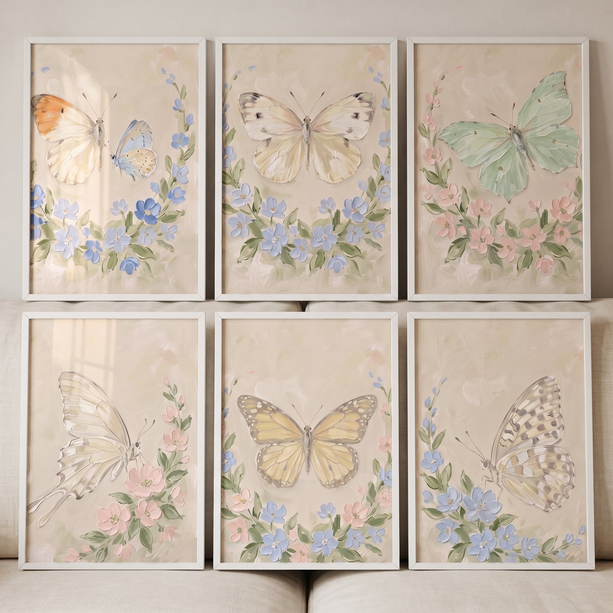Antique Garden Wreath Butterfly Wall Art Set of 6 - Vintage Floral Wings