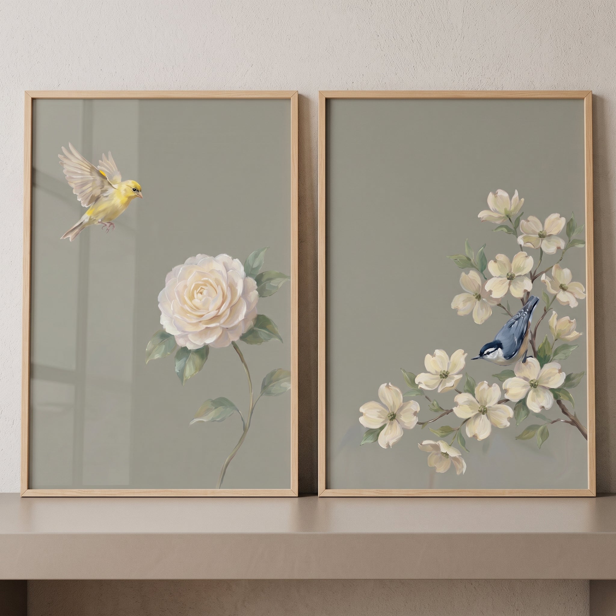 Antique Sage Botanical Bird Wall Art Set of 2 - Serene Songbird Garden