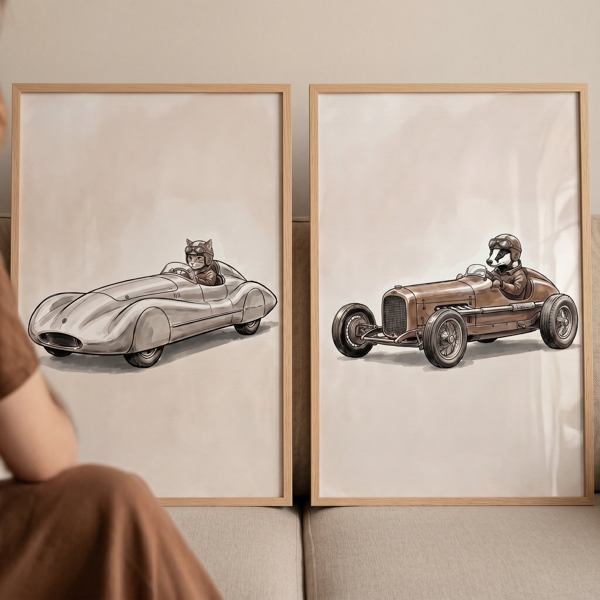 Antique Speedster Racing Animal Wall Art Set of 2 - Classic Speed Critters